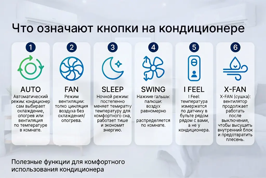 Что означают кнопки на кондиционере